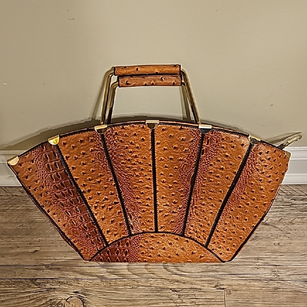 Brown Ostrich-Embossed Fan Tote Bag